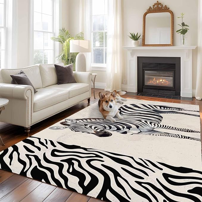 Area Rug 6x9ft, Zebra Black Stripe Animal Portrait Washable Rugs for Living Room Bedroom, Vintage Tree Branch Soft Non-Slip Area Rugs Rectangle Floor Carpet for Dining Room