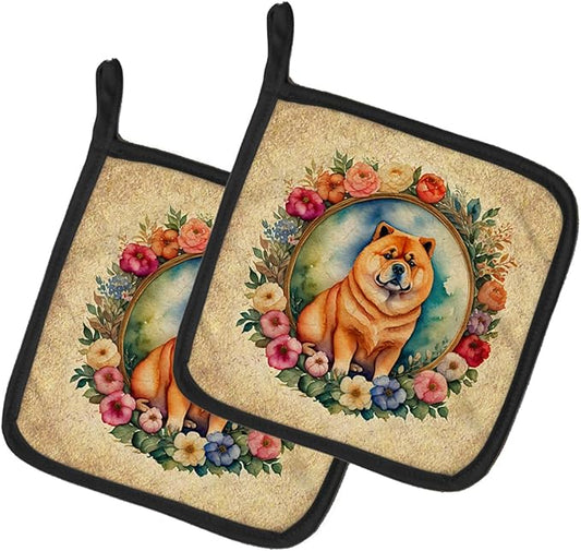 Caroline's Treasures Chow Chow and Flowers Pair of Pot Holders Kitchen Heat Resistant Pot Holders Sets Oven Hot Pads for Cooking Baking BBQ, 7 1/2 x 7 1/2