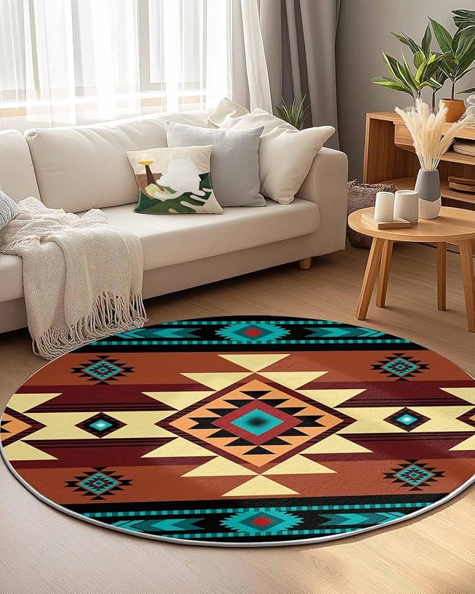 Round Area Rug,Aztec Ethnic Style Color Block Circle Living Room Rug Non-Slip Rugs Indoor Carpet,Abstract Geometric Native American Soft Comfort Rugs for Bedroom KidsRoom Nursery