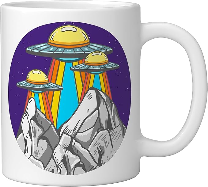 UFO Mountains Retro Spaceship Alien ET Space Galaxy Gift Ceramic Mug, White