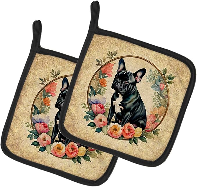 Caroline's Treasures Black French Bulldog and Flowers Pair of Pot Holders Kitchen Heat Resistant Pot Holders Sets Oven Hot Pads for Cooking Baking BBQ, 7 1/2 x 7 1/2
