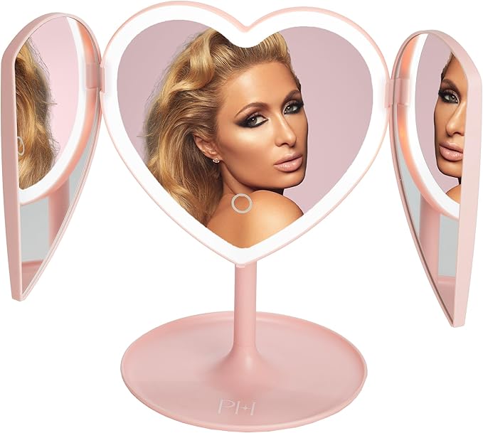 Paris Hilton Heart Makeup Vanity Mirror, LED Light with Touch Control, 180° Rotation, Tri-Fold Design, Tray Stand for Accessories, Pink