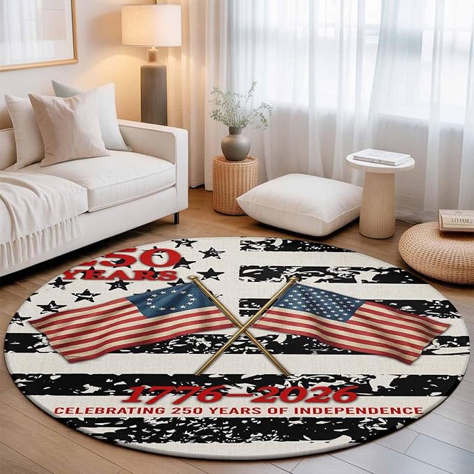 Washable Round Area Rug Independence Day 250th Anniversary Circle Rugs Floor Carpet for Living Room Bedroom, Retro USA Flags Soft Non Slip Round Rug 5ft