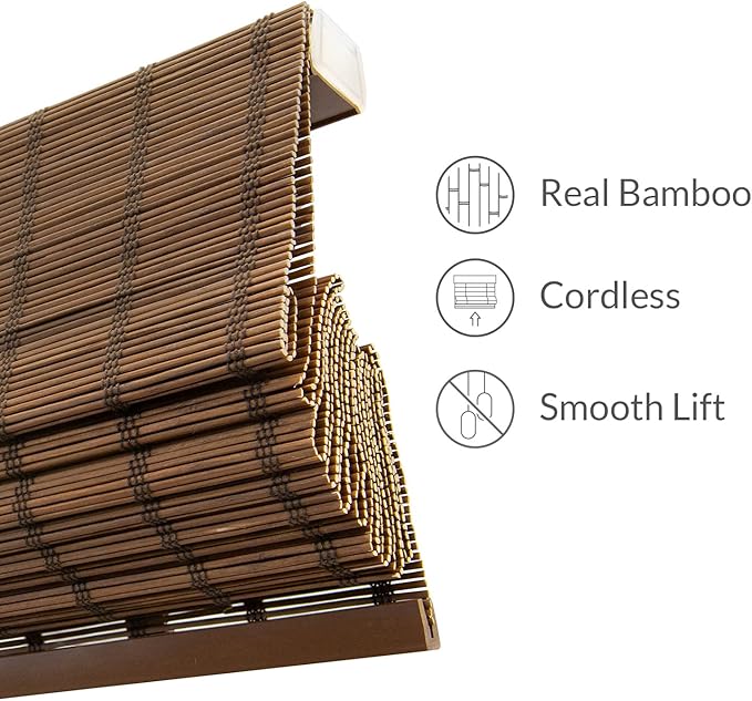 CHICOLOGY Bamboo Roman Shade, Cordless Light Filtering Woven Wood Window Treatment for Living Room, Dining Room, Kitchen & Office, Natural Bamboo Blinds for Boho Coastal Decor, Bear, 36" W x 64" H