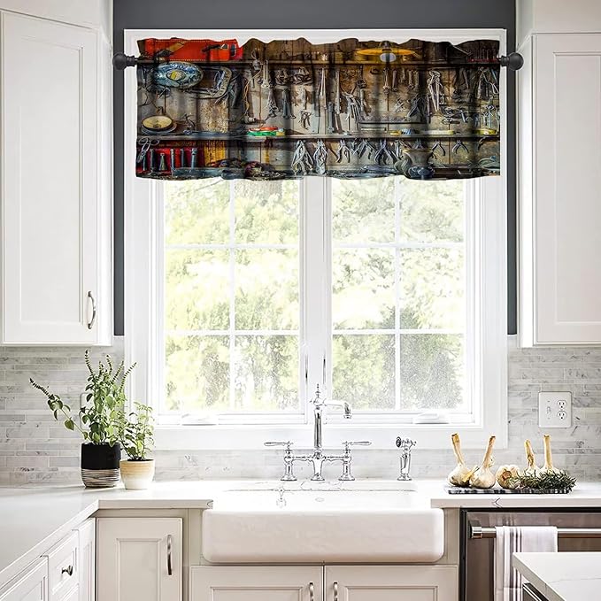 Man Cave Valance Curtain Vintage Style Tools Hanging on The Wall in a Tool Shed Workshop Fixing Equipment Rod Pocket Valance Window Treatments 1 Panel Short Curtains 54 x 18 in