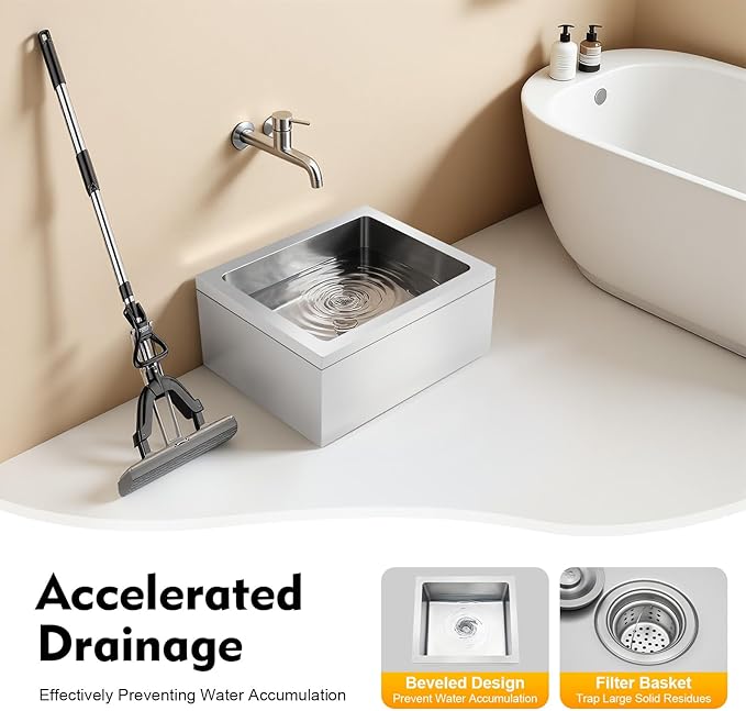 Utility Floor Mount Mop Basin, 22 * 19in Stainless Steel Single Bowl Commercial Sink, Restaurant Kitchen Sink, Accommodating Sink Space, For Home, Restaurant, Hotel, Bar, Laundry Room.
