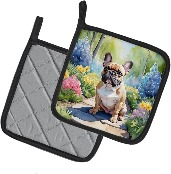 Caroline's Treasures French Bulldog Spring Path Pair of Pot Holders Kitchen Heat Resistant Pot Holders Sets Oven Hot Pads for Cooking Baking BBQ, 7 1/2 x 7 1/2