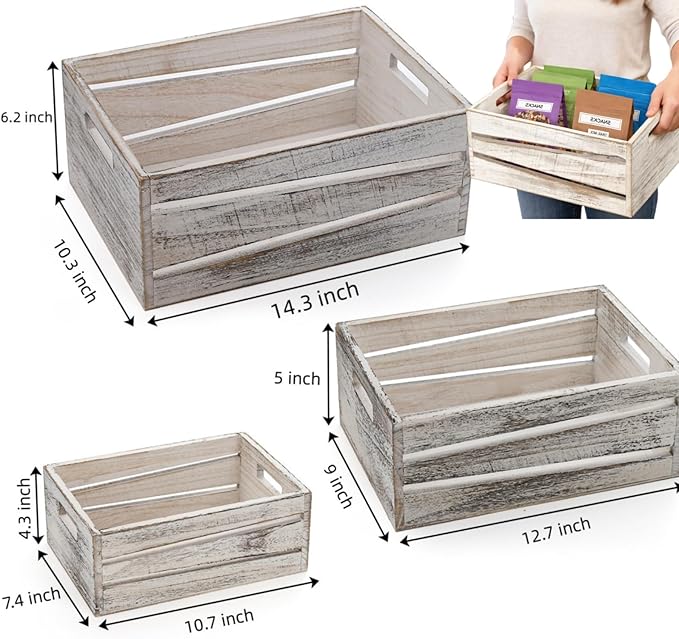 AVLA 3 Pack Wooden Storage Crates, Rustic Nesting Container Bin with Handles, Decorative Farmhouse Wood Basket, Vintage Wood Box Display Risers for Home, Kitchen Pantry Cabinet, Shelf, Counter