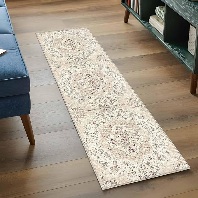 Beige Boho 2x6 Kitchen Runner Rug, Vintage Ethnic Floral Non-Skid Rubber Backing Large Rectangle Rugs - Living Room Bedroom Home Office, Abstract Art Geometric Indoor Floor Mat Carpets Washable Rug