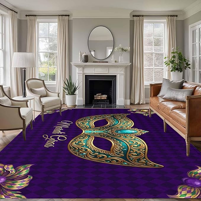 Area Rug 9x12ft, Mardi Gras Mask Purple Plaid Washable Rugs for Living Room Bedroom Rectangle Floor Carpet, Abstract Blossom Floral Soft Non-Slip Area Rugs for Dining Room
