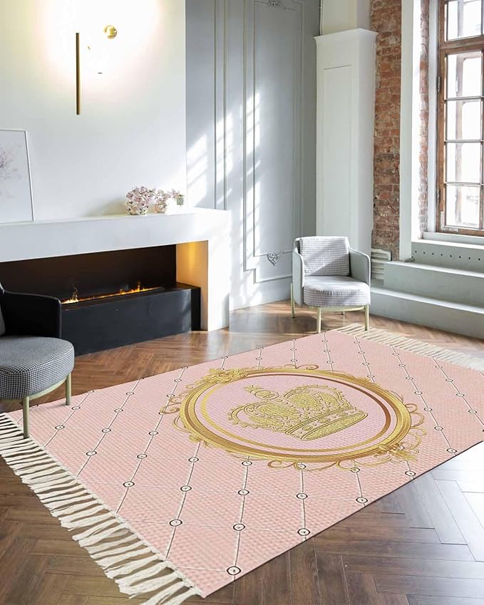 Kitchen Runner Rugs, Golden Crown Queen Pink Lattice 4'x6' Throw Rug with Tassels, White Dot Washable Soft Floor Carpet Runner for Hallway Bedroom Bathroom Laundry Room
