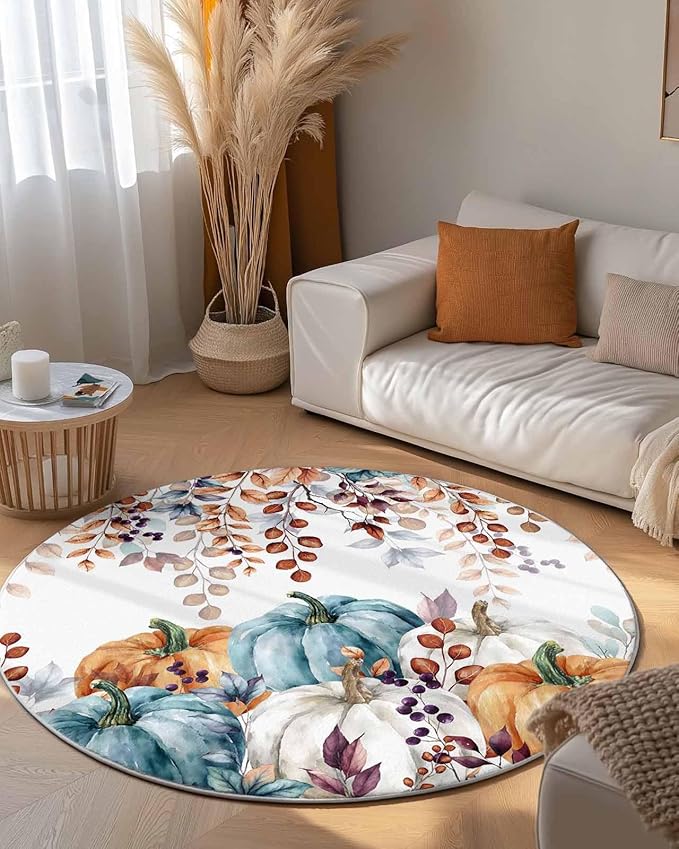 Round Area Rug,Fall Thanksgiving Pumpkin Orange Eucalyptus Leaf Circle Living Room Rug Non-Slip Rugs Indoor Carpet,Autumn Fallen Leaves Soft Comfort Rugs for Bedroom KidsRoom Nursery