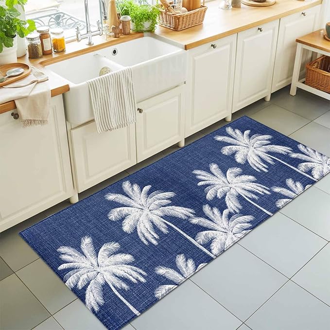 Runner Rug for Bedroom Hallway, Coastal Palm Trees on Blue Kitchen Runner Rugs Area Rug 2x6ft, Minimalist Tropical Leaves Washable Soft Floor Carpet for Entryway Stair