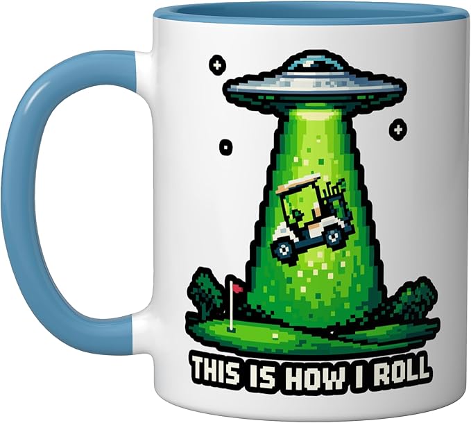 This Is How I Roll Golf UFO Abduction Funny Pixel Art Ceramic Mug, Blue/White