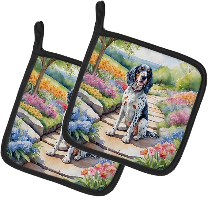 Caroline's Treasures English Setter Spring Path Pair of Pot Holders Kitchen Heat Resistant Pot Holders Sets Oven Hot Pads for Cooking Baking BBQ, 7 1/2 x 7 1/2