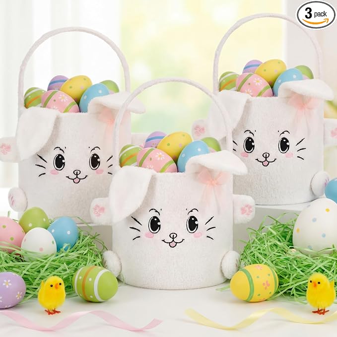 Mimorou 3 Pack Easter Basket Soft Plush Bunny Sherpa Personalized Bucket with Rabbit Ears Decorative Bow Large Bunny Tote Bags Ideal for Egg Hunt, Party Favors(White)