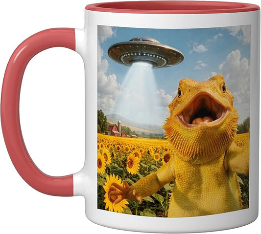 Funny Bearded Dragon Selfie with Alien UFO Ceramic Mug, Red/White
