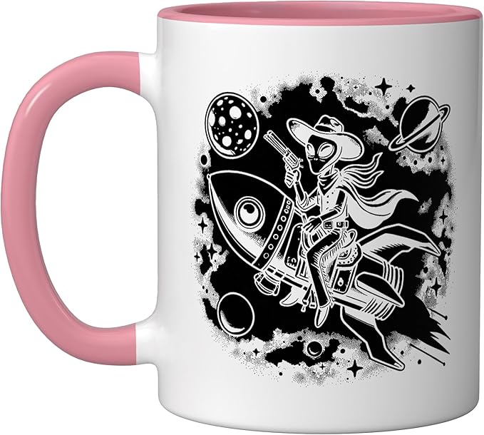 Alien Lover Flying Saucer UFO Extraterrestrial Cowboy Ceramic Mug, Pink/White