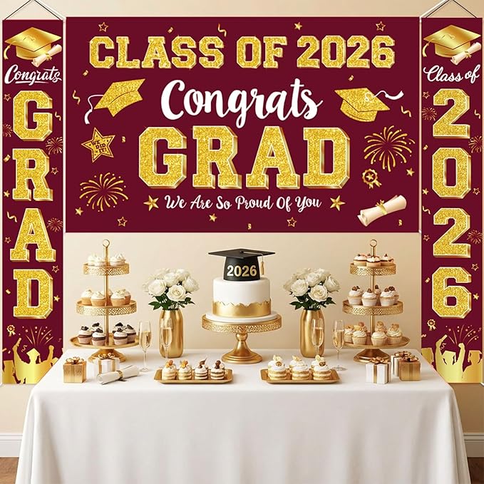 Graduation Decorations Class of 2026 - Maroon and Gold Graduation Party Supplies Include Backdrop, Banner, Hanging Swirls, Porch Sign, Balloons for Congrats Grad Decorations
