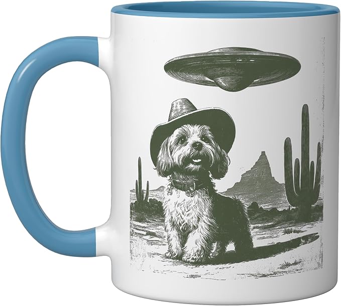 Retro Cowboy Dog UFO Desert Landscape Art Ceramic Mug, Blue/White