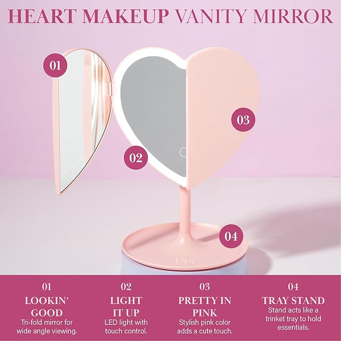 Paris Hilton Heart Makeup Vanity Mirror, LED Light with Touch Control, 180° Rotation, Tri-Fold Design, Tray Stand for Accessories, Pink