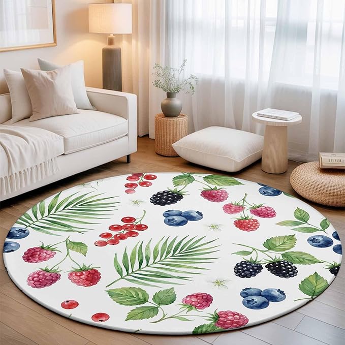 Washable Round Area Rug Farm Fruit Berry Cherry Blueberry Circle Rugs Floor Carpet for Living Room Bedroom, Watercolor Mulberry Leaves Soft Non Slip Round Rug 5ft