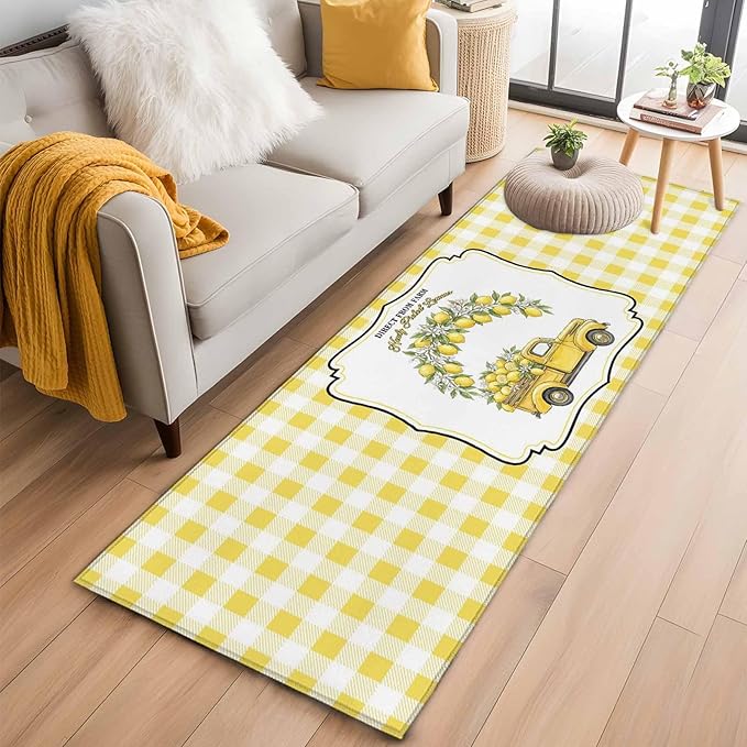 Runner Rug for Bedroom Hallway, Farm Yellow Truck Lemon Fruit Kitchen Runner Rugs Area Rug 2x6ft, Flower Leaves Buffalo Plaid Washable Soft Floor Carpet for Entryway Stair