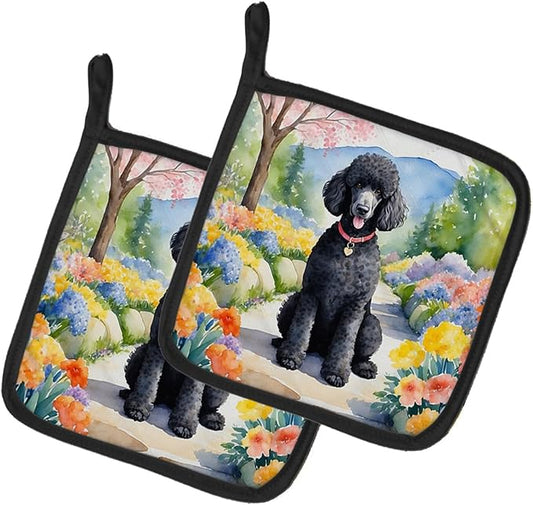 Caroline's Treasures Black Poodle Spring Path Pair of Pot Holders Kitchen Heat Resistant Pot Holders Sets Oven Hot Pads for Cooking Baking BBQ, 7 1/2 x 7 1/2