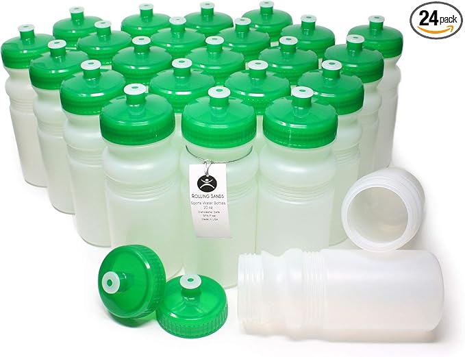 Rolling Sands Reusable Bulk Water Bottles 24 Pack - 20 Oz Sports Water Bottles, USA Made, BPA-Free, Wide Mouth for Easy Cleaning, Dishwasher Safe, Break Resistant - Clear Frost Bottle/Green Lid