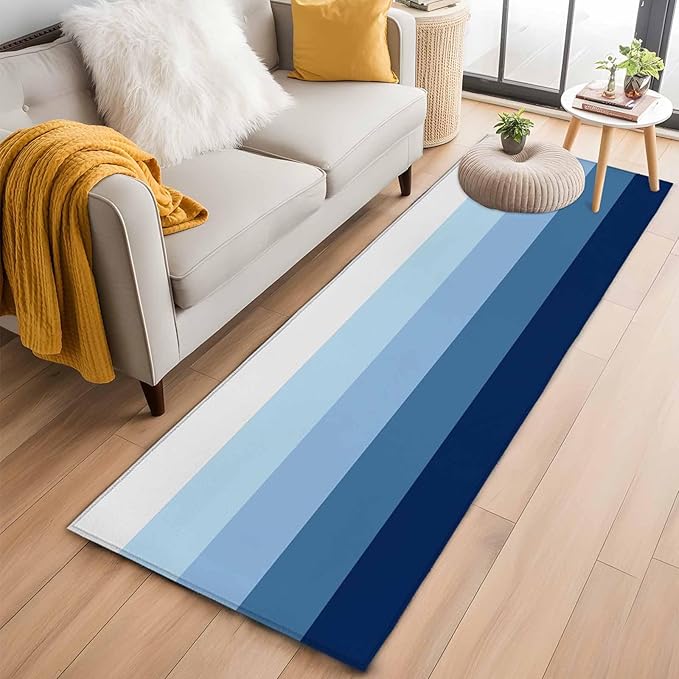 Runner Rug for Bedroom Hallway, Minimalist Blue White Ombre Stripe Kitchen Runner Rugs Area Rug 2x6ft, Modern Gradient Art Washable Soft Floor Carpet for Entryway Stair