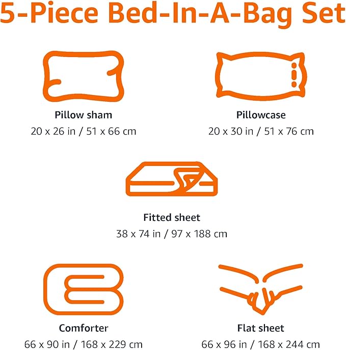 Amazon Basics 5-Piece Microfiber Kid's Bed-in-a-Bag Bedding Set, Twin, Blue, Solid