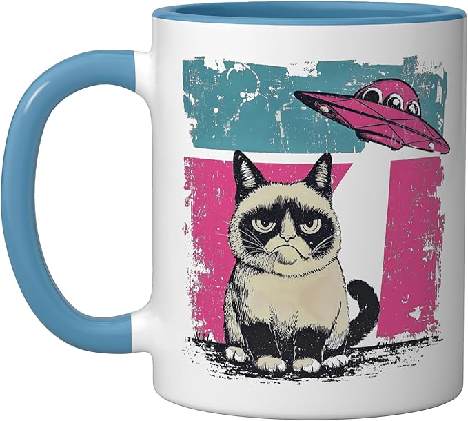 Retro UFO Ragdoll Cat Alien Sci Fi Space Funny Ceramic Mug, Blue/White