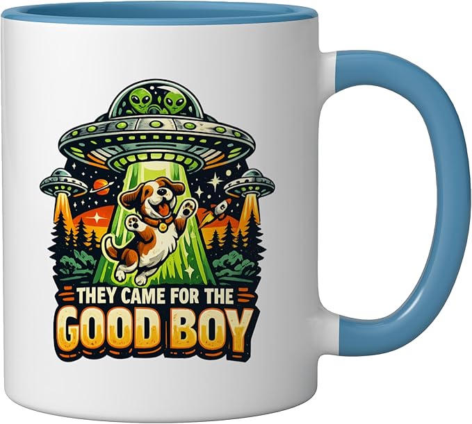 Retro sci-fi dog ufo humor they came for the good boy Ceramic Mug, Blue/White