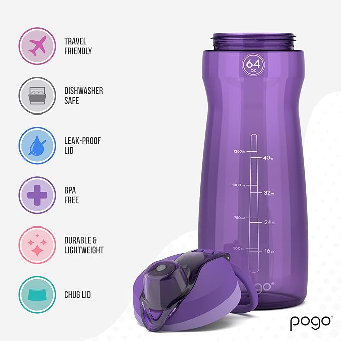 Pogo Plastic Water Bottle with Chug Lid and Carry Handle, Reusable, BPA Free, Dishwasher Safe, Perfect for Travel, School, Outdoors, and Gym | 18oz, 32oz, 40oz, 64oz