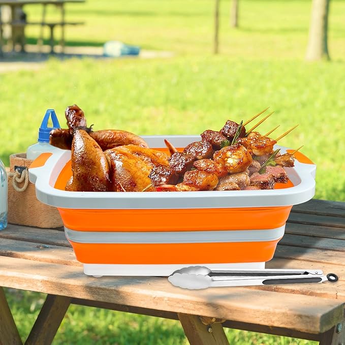 Collapsible BBQ Prep Tub with Locking Cutting Board Lid & Strainer – Portable Grill Prep Station for Marinating & Food Prep, Foldable Camping Sink for BBQ, Picnic & Outdoor Cooking (Orange)