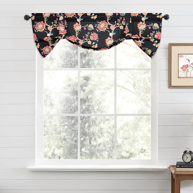 Leeva Tie-up Shade Curtains Valance for Bedroom, Rustic Flowers Pattern Light Filtering Rod Pocket Window Treatment Valances for Living Room Kitchen Bathroom, One Panel, 52 x 18, Black
