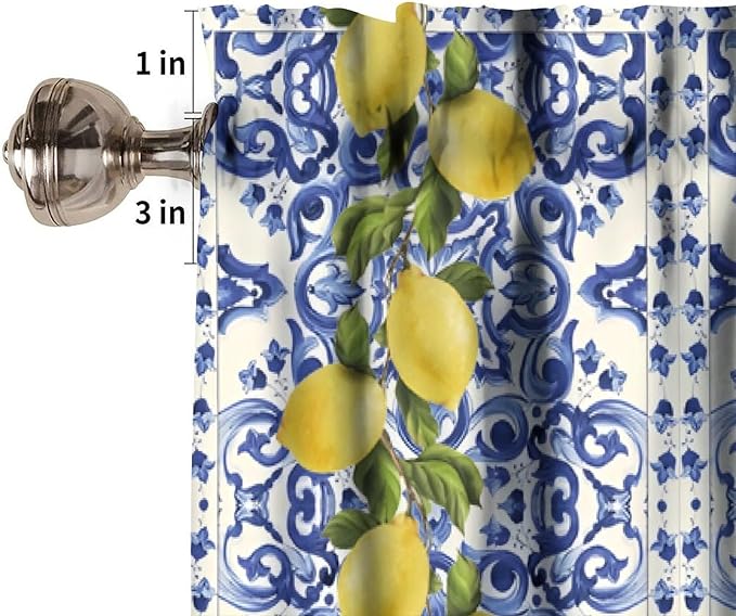 Blue White Tile Valance, Yellow Lemon Summer Fruit Short Rod Pocket Window Curtain for Kitchen Dining Room Bedroom Cafe Resturant Home Decor, 54x18Inch