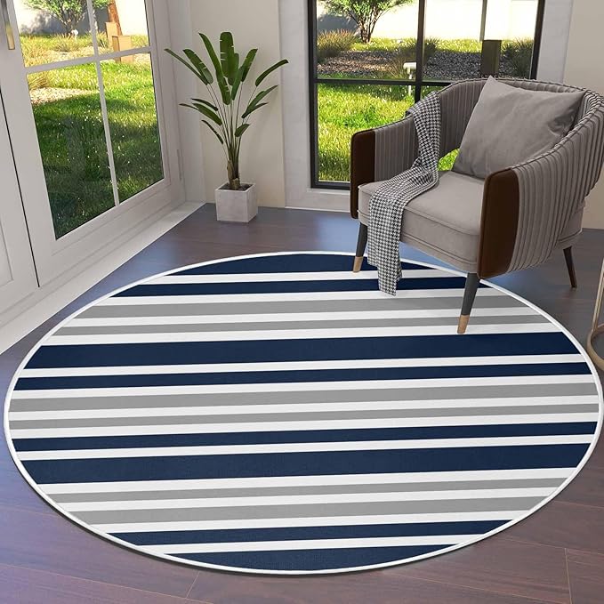 Round Area Rug,Navy Blue Gray Stripe Circle Living Room Rug Non-Slip Rugs Indoor Carpet,Modern Minimalist Style Soft Comfort Rugs for Bedroom KidsRoom Nursery