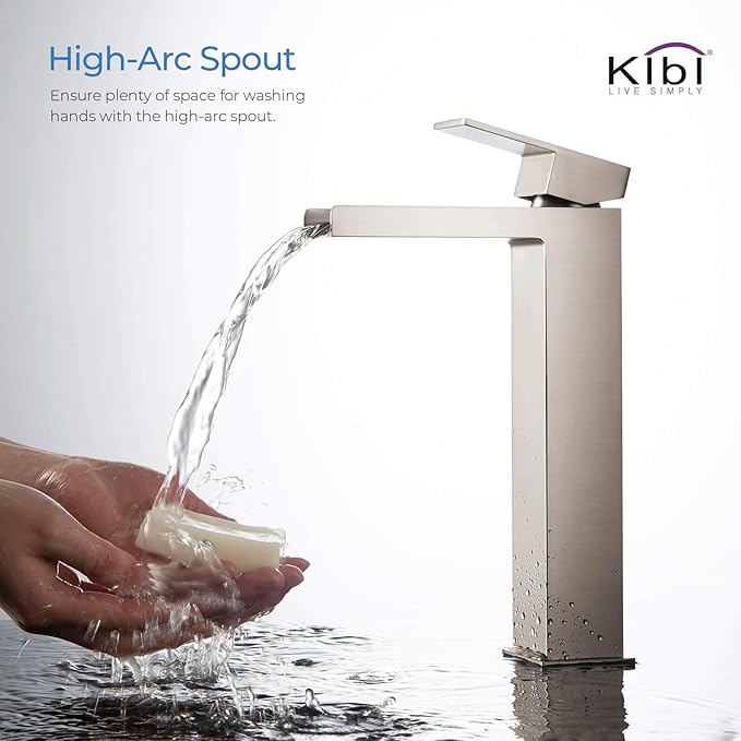KIBI Waterfall Bathroom Sink Faucet | Single Handle Brass Vanity Faucet with Water Supply Hose | Durable Brass Construction and Smooth Water Flow - Brushed Nickel, KBF1005