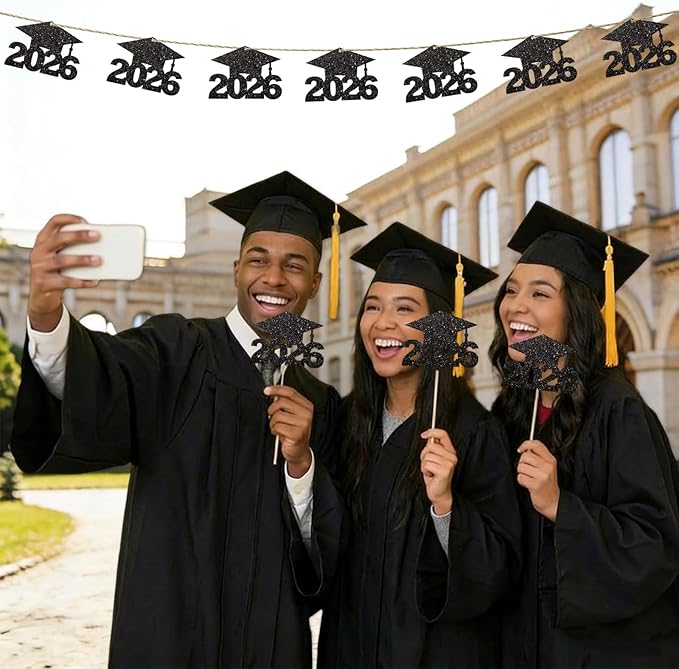 2026 Graduation Party Decorations - 36Pcs Graduation Cutouts Tags Black Glitter 2026 Numbers for Graduation Table Centerpieces Class of 2026 Cutouts for Graduation Party Supplies Favors