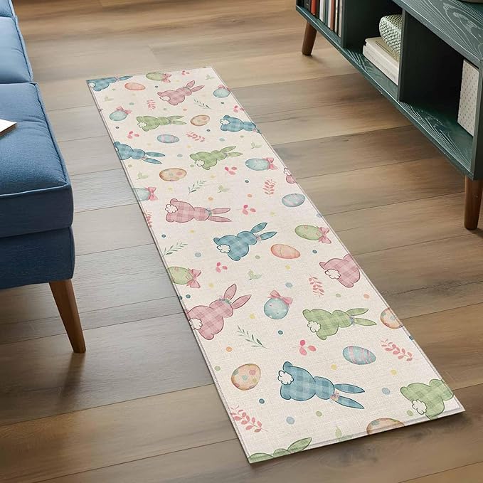 Runner Rug for Bedroom Hallway, Happy Easter Cute Plaid Bunny Kitchen Runner Rugs Area Rug 2x6ft, Colorful Egg Leaves Farm Linen Washable Soft Floor Carpet for Entryway Stair