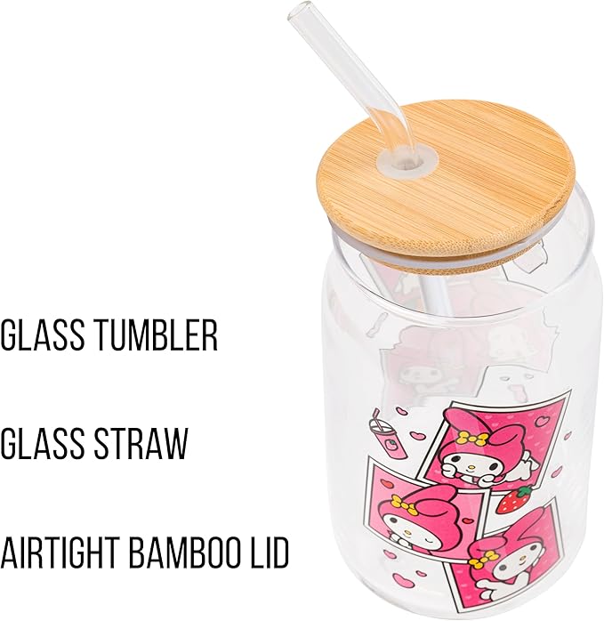 Silver Buffalo Sanrio Hello Kitty and Friends My Melody Polaroids Glass Jar Tumbler with Bamboo Lid and Glass Straw, 16 Ounces (Pack of 12)