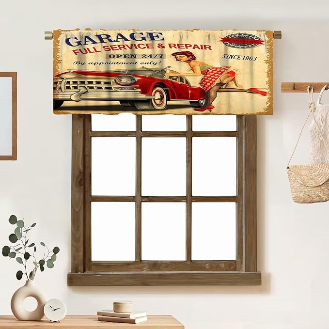 Car Vintage Garage Valance Curtain Retro Girl 1960S Mechanic Classic Signboard 1950S Aged Rod Pocket Valance Window Treatments Short Curtains for Kitchen Bathroom 54x18inch