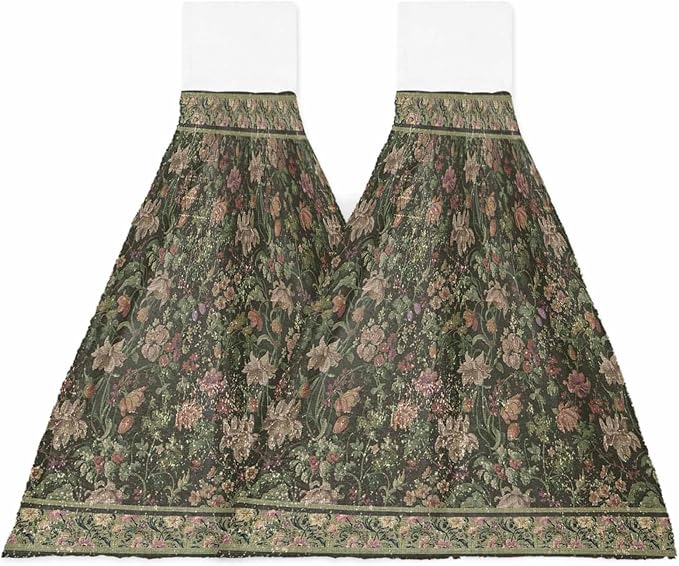 Alandar Home Kitchen Tie Towel Set of 2, Retro Flower Botanical on Green Absorbent Soft Hand Towels for Bathroom Hanging Towels, Vintage Ethnic Style Fast Drying Cleaning Cloth with Loop