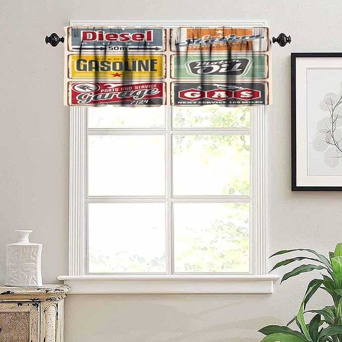 1950s Valance Curtain Vintage Car Signs Automobile Advertising Repair Vehicle Garage Classics Servicing, Curtain Valances for Kitchen Living Room Bathroom Decor with Rod Pocket, 1 Panel 54X18 Inches