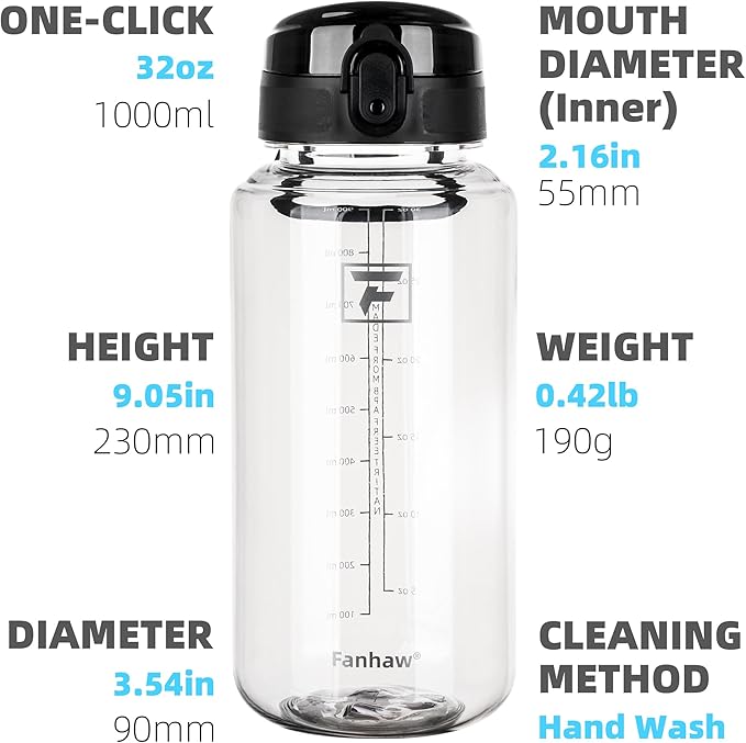Fanhaw 32 Oz Clear Tritan Water Bottle, BPA-Free & Leak-Proof, Wide Mouth with Anti-dust Chug Lid, Reusable Plastic Bottle for Gym, Travel, School & Office (Clear&Black)