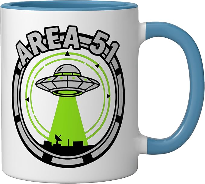 Area 51 UFO Alien Conspiracy Flying Saucer Design Ceramic Mug, Blue/White