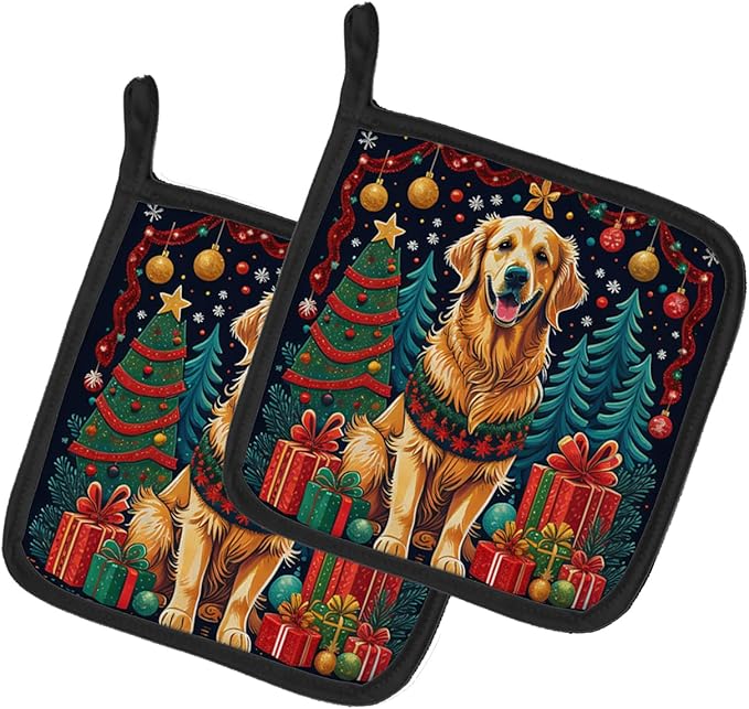 Caroline's Treasures Golden Retriever Christmas Pair of Pot Holders Kitchen Heat Resistant Pot Holders Sets Oven Hot Pads for Cooking Baking BBQ, 7 1/2 x 7 1/2