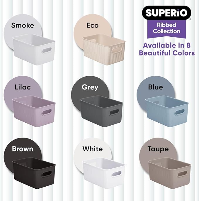 Superio Decorative Plastic Basket Open Home Storage Bins Organizer Baskets, Medium, Taupe (8 Pack) Container Boxes for Organizing Closet Storage Bins for Shelves Drawer Shelf, 5 Liter