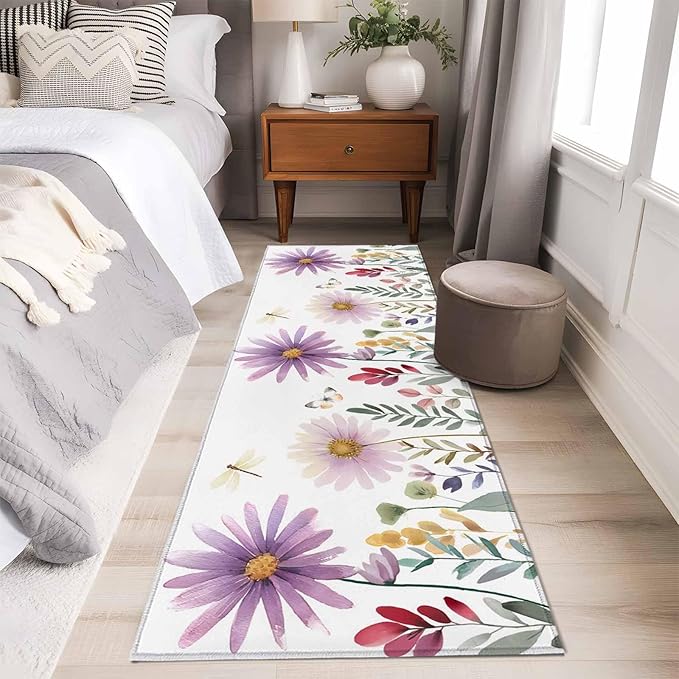 Runner Rug for Bedroom Hallway, Country Field Purple Flowers Kitchen Runner Rugs Area Rug 2x6ft, Farm Floral Art Washable Soft Floor Carpet for Entryway Stair